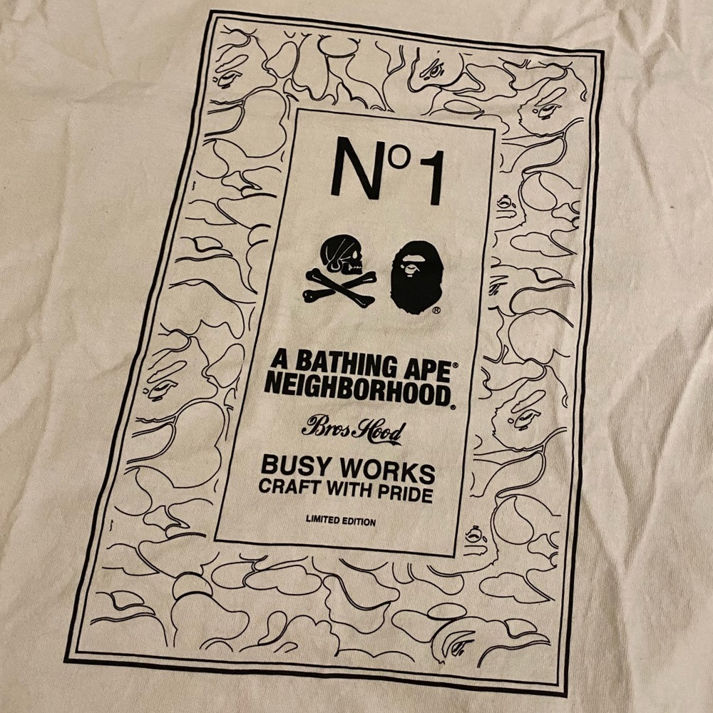 BAPE A Bathing Ape x Neighborhood Collab Men’s Large White Short Sleeve Shirt - Picture 2 of 5